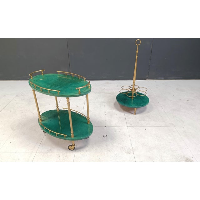 1960s Italian Lacquered Goatskin Swan Bar Cart and Wine Bottle Stand by Aldo Tura, 1960s, Set of 2 For Sale - Image 5 of 12