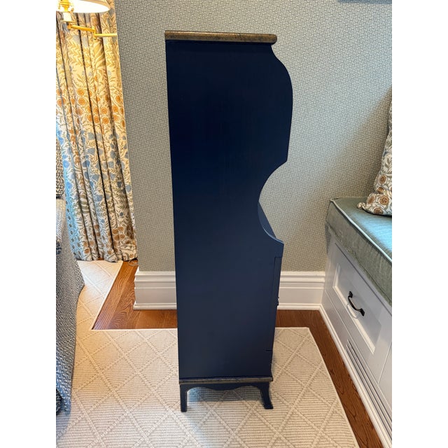 Navy Blue Hand-Painted Vintage Cabinet With Open Shelving – Navy Finish, Distressed Edges, Coat-of-Arms Motif For Sale - Image 8 of 18