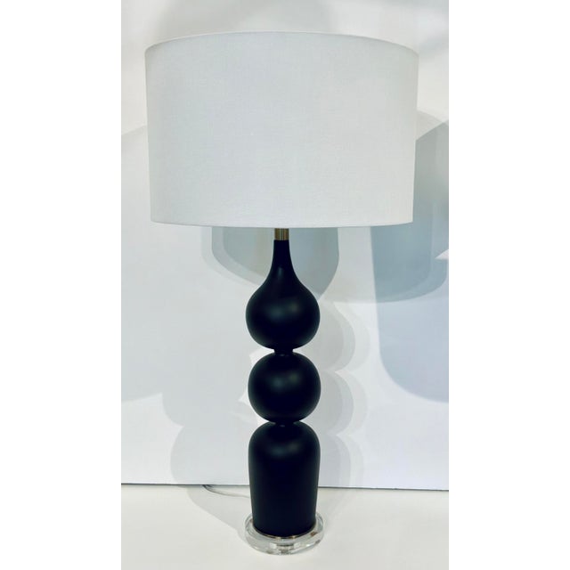 Stylish Modern Black Caviar Table Lamp Pair, white fabric shades, acrylic bases, brass finial, showroom floor samples