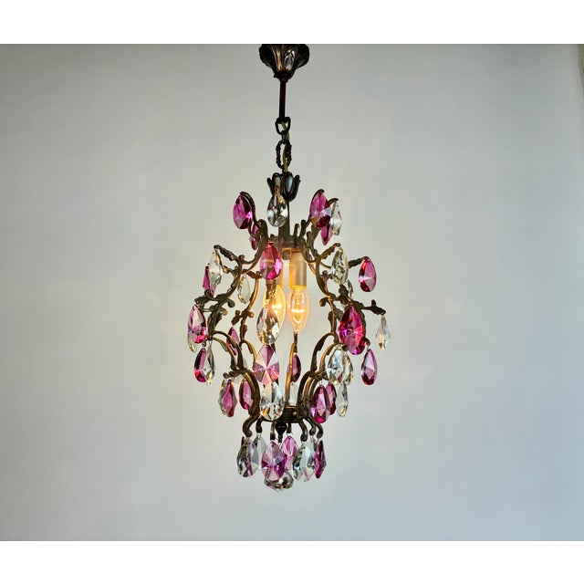 Pink Antique Vintage 1960s Crystal Chandelier – Hand-Restored, Pink Hand-Painted Crystals For Sale - Image 8 of 17