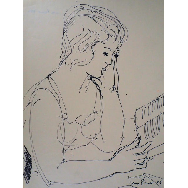 Max Papart, Woman Reading a Book, 1956, Ink Drawing For Sale - Image 6 of 6