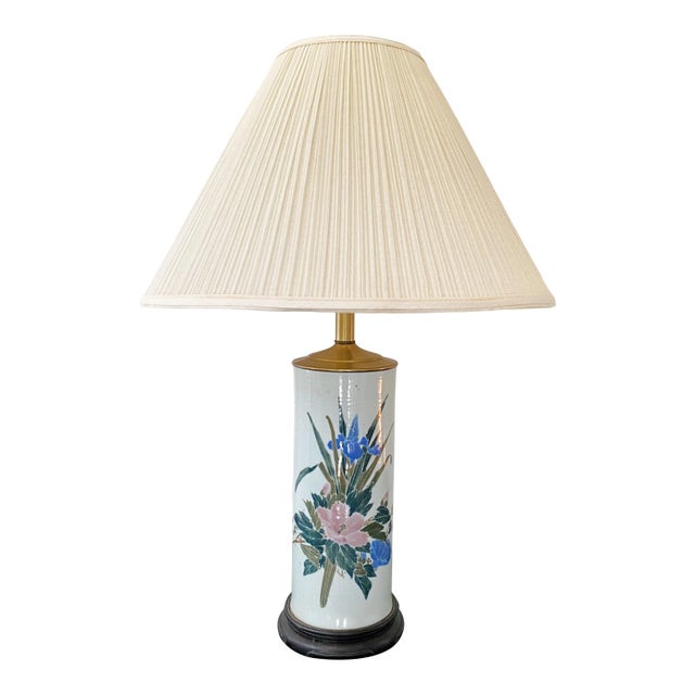 Vintage Mid-Century Hand-Painted Ceramic and Brass Floral Lamp For Sale