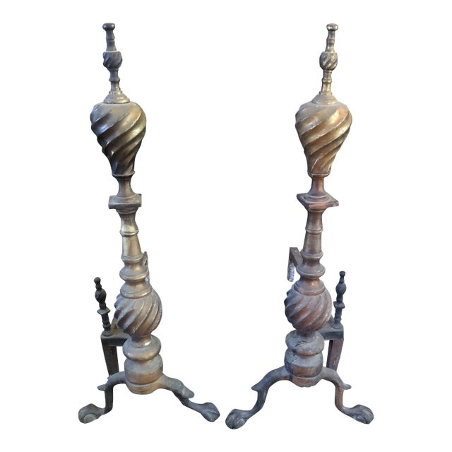 Antique Andirons With Swirly Finials -A Pair For Sale