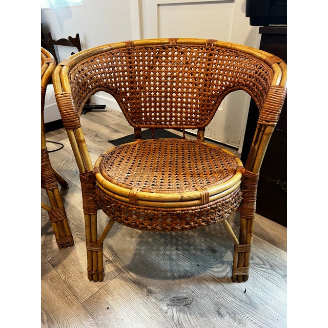Mid-Century Bohemian Rattan & Wicker Barrel Chairs - A Pair For Sale - Image 4 of 7