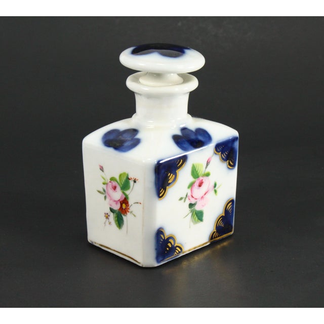 19th C. Old Paris Porcelain Perfume Vanity Bottle Blue & White Flowers & Gold For Sale - Image 4 of 11