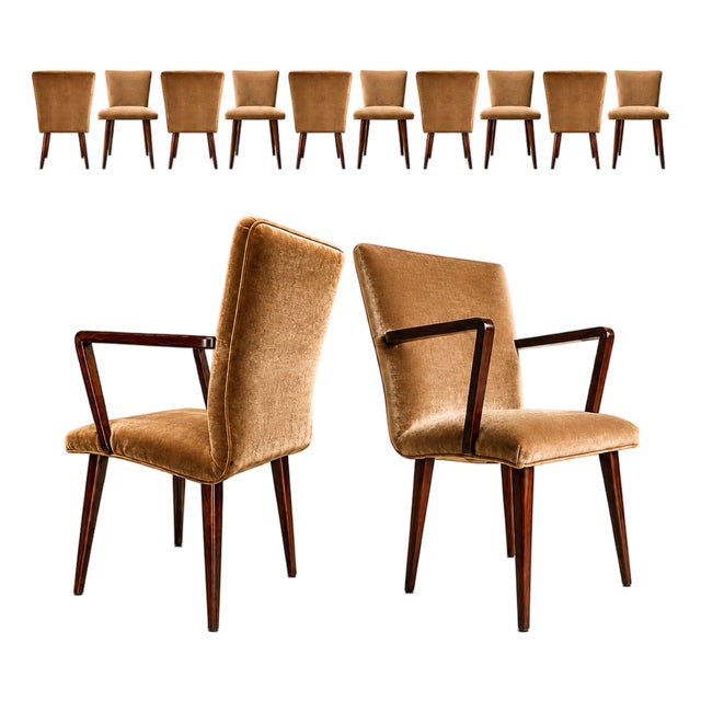 Set of 12 Brazilian Rosewood and Mohair Dining Chairs, Including Two Head Chairs, 1960s For Sale