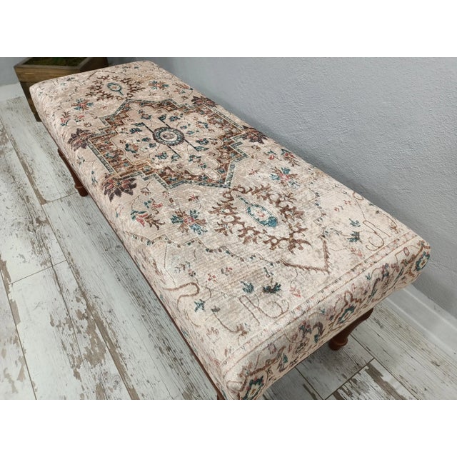 Almond Oriental Printed Rug Fabric Upholstered Bedroom Bench For Sale - Image 8 of 10