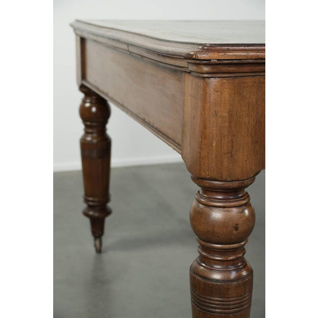 Antique English Writing Desk on Wheels with Drawers and Green Leather Top For Sale - Image 13 of 14