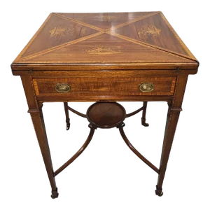 19th C. Edwardian Mahogany Inlaid Marquetry Handkerchief Fold-Top Games Table