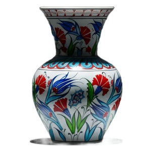 Handmade Ceramic Vase (20cm) – Turquoise Collar & Red Carnations – Classic Iznik Decor For Sale