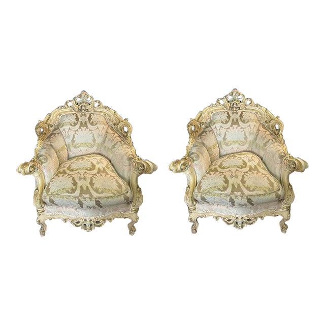 Pair Antique French Louis XVI Italian Rococo Baroque Chairs Down Cushion For Sale