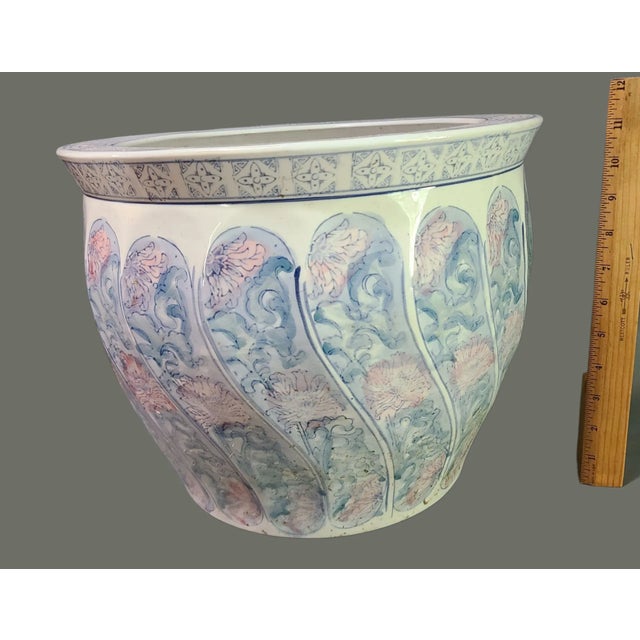 Ceramic Vintage Asian Floral Large Fish Bowl Jardinière Planter Painted Pastel Colors For Sale - Image 7 of 8