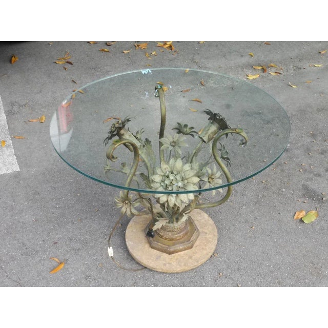 Vintage Hollywood Regency tole flower table with marble base sold as found in vintage condition showing normal signs of...