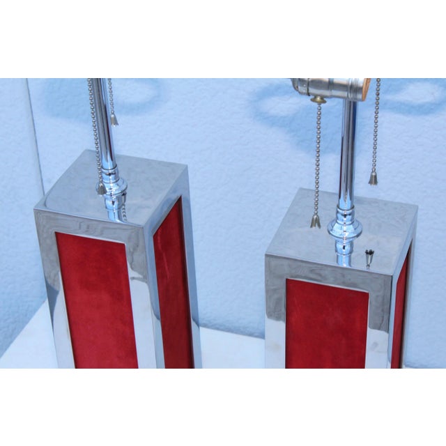 1970s Modern Chrome and Velvet Table Lamps For Sale - Image 4 of 13