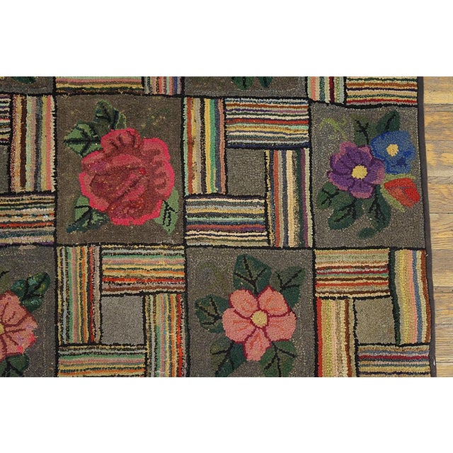1930s Multicolor Floral Folk Art Antique American Hooked Rug 3'10" X 6'10" Handknotted Wool Carpet For Sale - Image 4 of 5