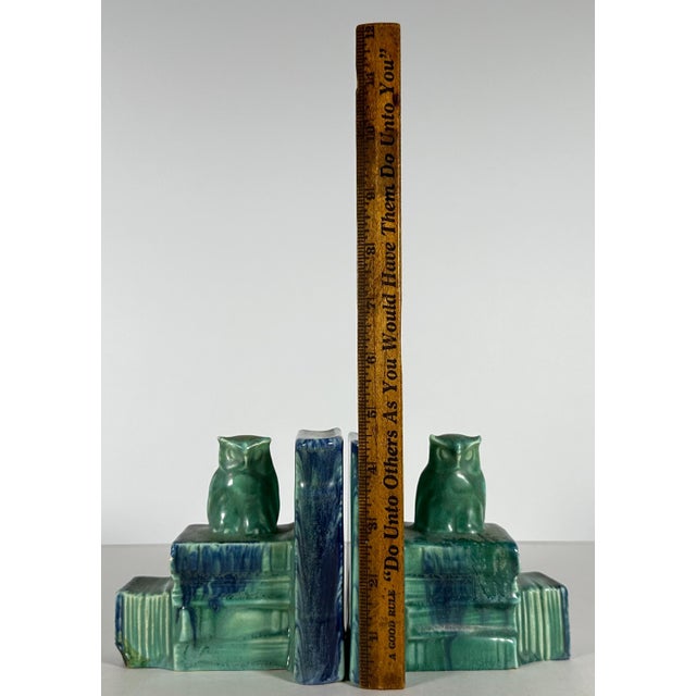 Green Early 20th Century Art Pottery Owl Bookends, Flambe Glaze, German Arts & Crafts For Sale - Image 8 of 10