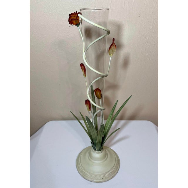 Mid Century Tall Tole Floral Vase Glass Insert Amberina Acrylic Rose Flowers For Sale - Image 4 of 11