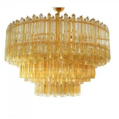 An outstanding ceiling light, "Drum" shaped hand blown glass "Triedri" components of amber, darker amber, and clear on...