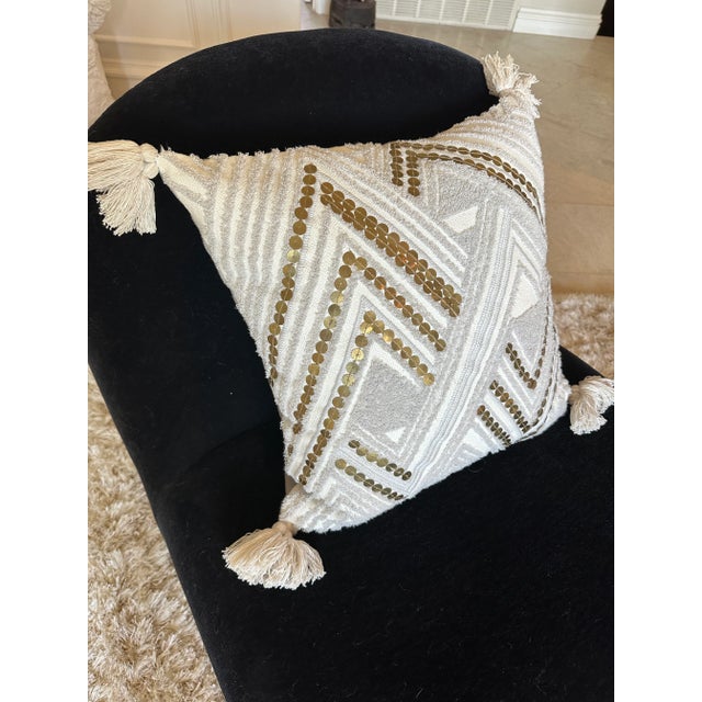 Textured Cotton and Brass Art Deco Pillow With Tassels For Sale - Image 4 of 12