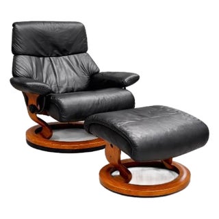 Black Leather Ekornes Stressless Recliner & Ottoman. MCM Vibes. For Sale