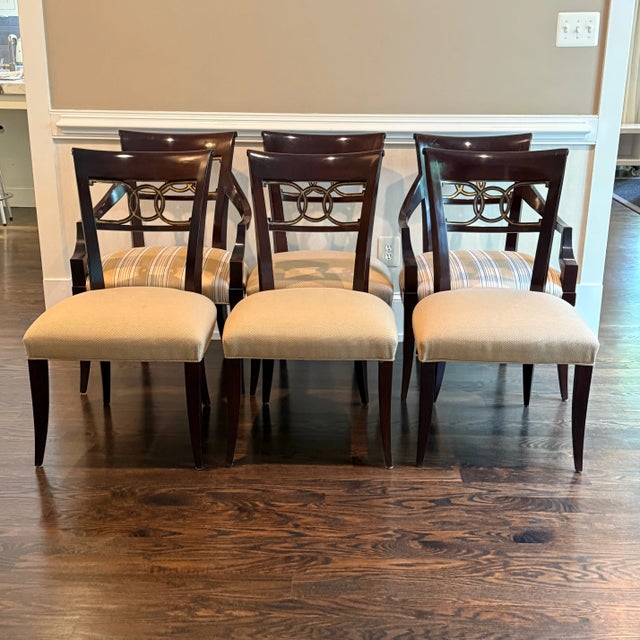 Set of 6 Thomas Pheasant for Baker Cleo Dining Chairs This set of six dining chairs includes four side chairs in a buttery...