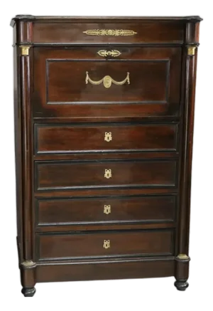 Antique 19th C Empire Mahogany & Gilt Bronze Drop Front Desk Secretary