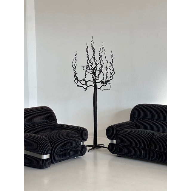 Black Space Age Living Room Set in Dark Blue Striped Velvet and Metal, 1970s, Set of 3 For Sale - Image 8 of 18