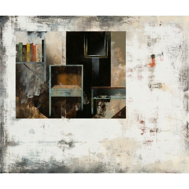 Views from July by Matthew Saba | Oil on panel Still life featuring chairs and books. For Sale