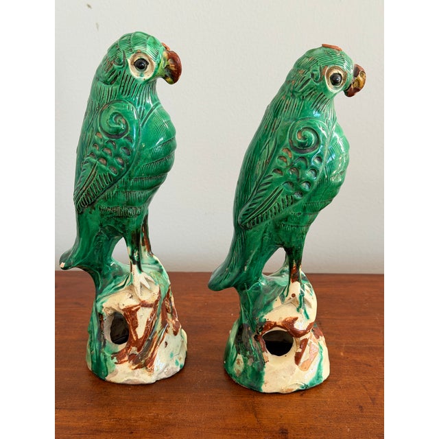 Green Pair Antique Chinese Green Parrots For Sale - Image 8 of 12