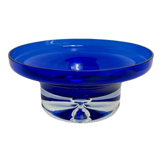 1970’s Block Crystal Cobalt Blue Bubble Bottom Glass, Large Pedestal Votive Candle Holder For Sale