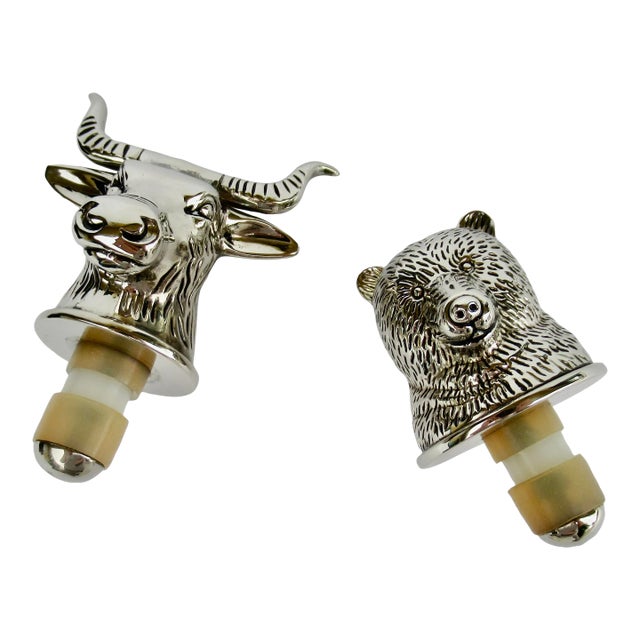 C.1980's Silver Plate Exclusively for Neiman Marcus "Bear & Bull" Market Wine Bottle Stoppers -Boxed Set For Sale