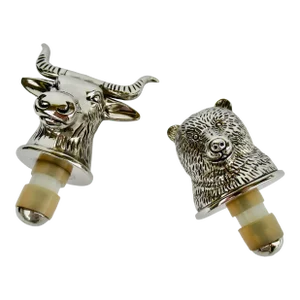 C.1980's Silver Plate Exclusively for Neiman Marcus "Bear & Bull" Market Wine Bottle Stoppers -Boxed Set
