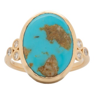 5.4cts Sonoran Turquoise Ring With Natural Diamonds: Solid 14k Gold, 16x12mm For Sale