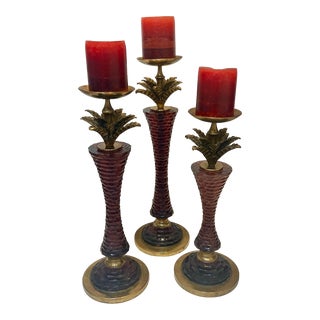 1990s Brass + Cut Glass / Crystal Candlestick Candle Holders - Set of 3 For Sale