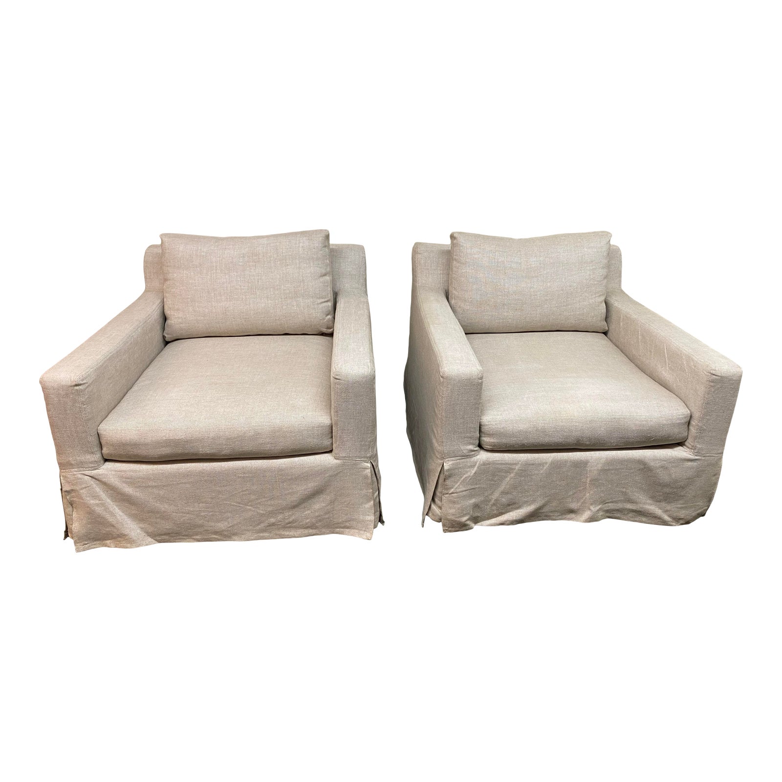 Restoration Hardware Belgian Track Arm Swivel Arm Chairs With Linen