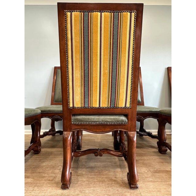 Green Henredon Furniture Green Leather Side Chairs With Multi-Patterned Striped Upholstered Backs- Set of 8 For Sale - Image 8 of 12