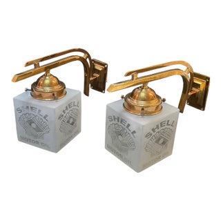 Vintage Art Deco Light Old Lamp Wall Sconces Fixture Brass & Shell Motor Oil Cube Glass Shade Ship Light - a Pair For Sale