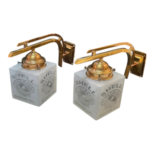 Vintage Art Deco Light Old Lamp Wall Sconces Fixture Brass & Shell Motor Oil Cube Glass Shade Ship Light - a Pair