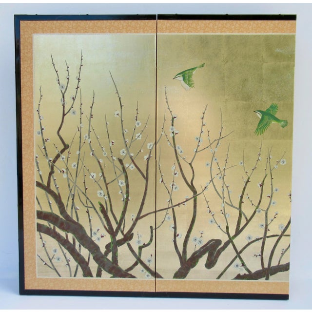 C.1970's Vintage Japanese Byobu Silk Screen Gilt Gold & Silver Leaf & Hand-Painted 4-Panel Wall Screen For Sale - Image 4 of 12