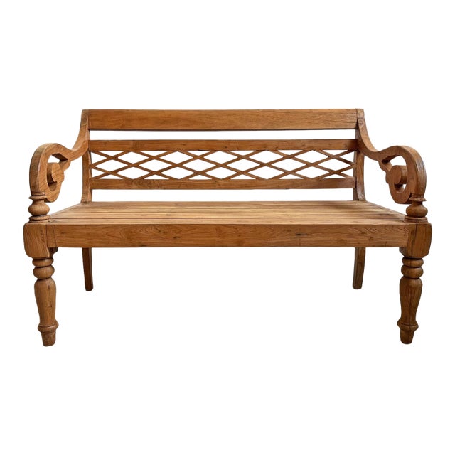 Vintage Teak Diamond Back Wood Bench For Sale