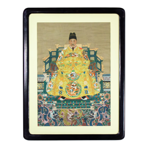 19th-20th Century Chinese Ming Dynasty Emperor Yellow Imperial Robe Hand Painted on Silk W/Black Wood Frame