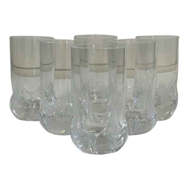 Mid 20th Century Heavy Crystal Embellished Frosted 3D Leaf Base Hiball Glasses- Set of 6 For Sale