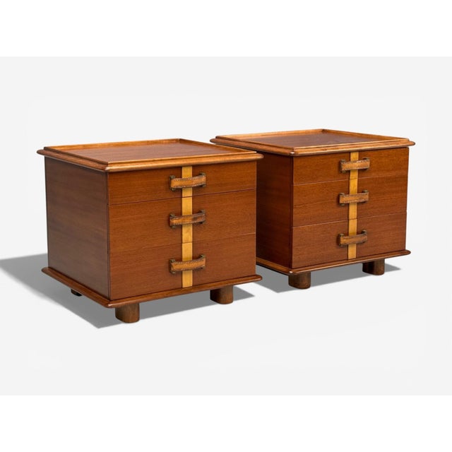 1950s Paul Frankl, Rare Nightstands, Mahogany, Rock Maple, Brass, Leather, Usa, 1950s For Sale - Image 5 of 14