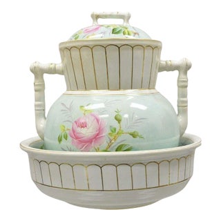 Antique Ironstone China Coxon & Co Green Pottery Wash Bowl Basin and Pitcher For Sale