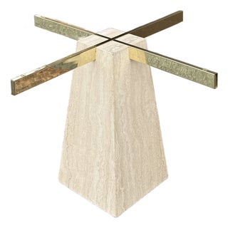 Vintage Pyramid Shaped Beige Travertine and Brass Dining Table Pedestal Base Attr. Artedi For Sale