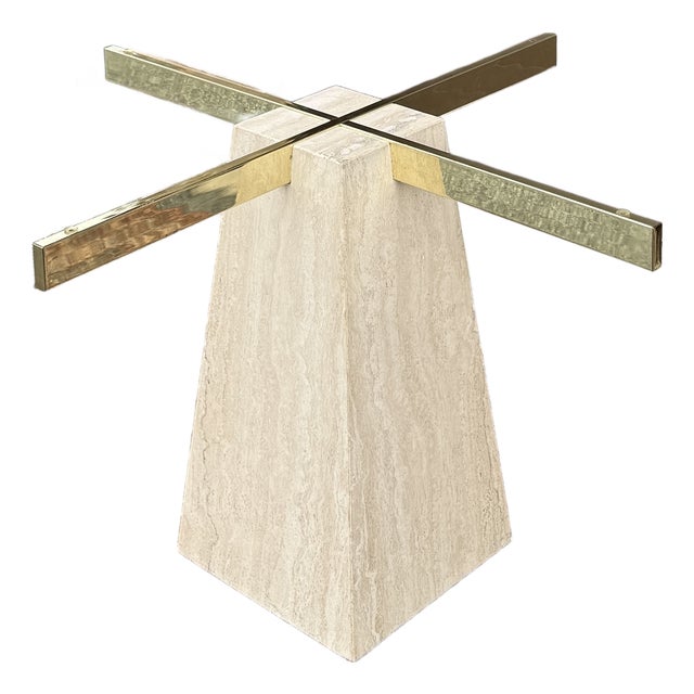 Vintage Pyramid Shaped Beige Travertine and Brass Dining Table Pedestal Base Attr. Artedi For Sale