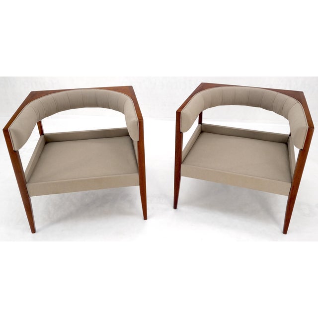 Edward Wormley Pair New Alcantera Upholstery Walnut Cube Shape Barrel Back Lounge Chairs MINT! For Sale - Image 4 of 13