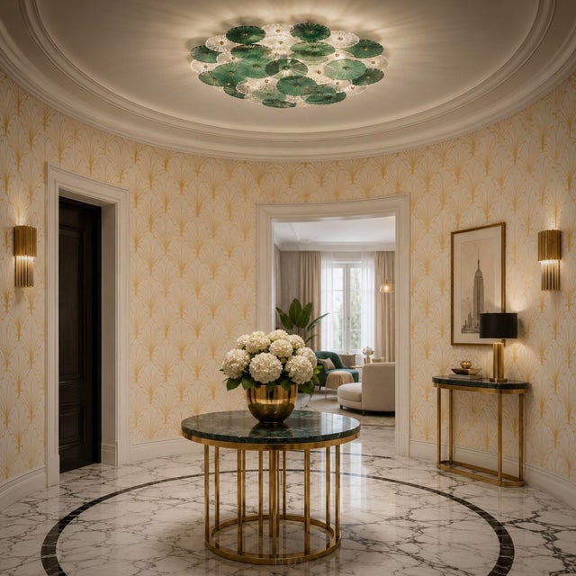 Splendid ceiling light in unique transparent and green Murano glass, compact and very bright. Very elegant, it will...