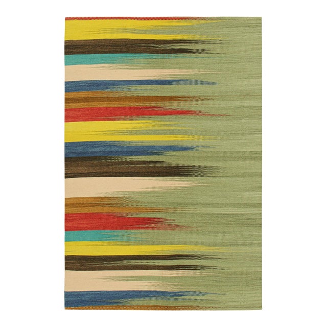 Rug & Kilim’s Contemporary Kilim in Green With Colorful Geometric Patterns For Sale