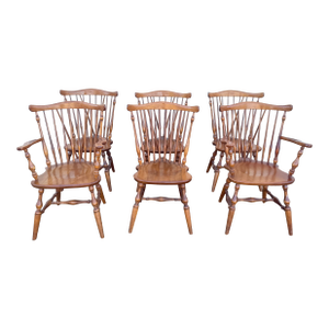 Late 20th Century Set of Six Windsor Style Oak Dining Chairs With Armrests and Turned Legs